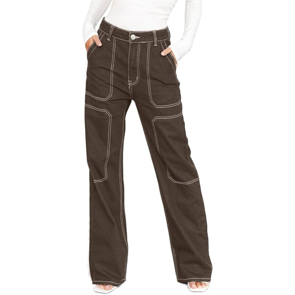 Women's Desert Palm Casual Mid Waist Stretch Button Wide Leg Denim Cargo Pants